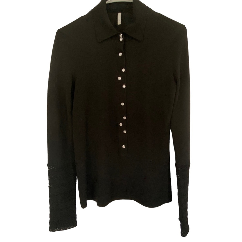 Iisli 100% wool blank sweater with lace bottom sleeve and rhinestone buttons